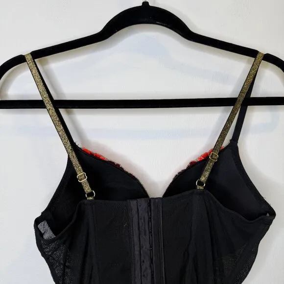 Victoria's Secret Black Push Up Corset Garter Slip Embroidered Floral Roses 34C
