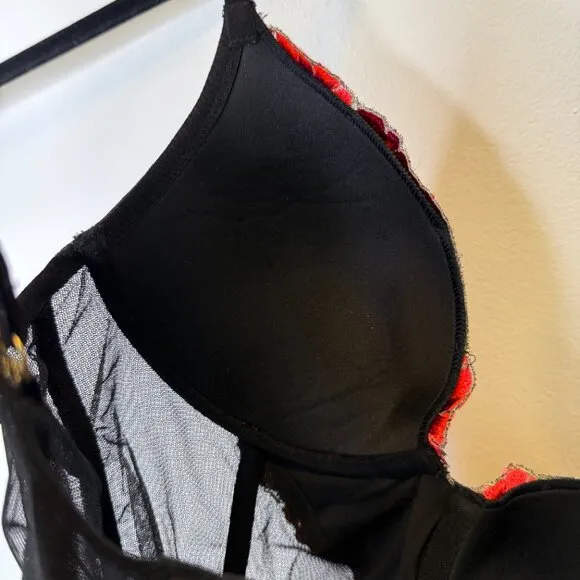 Victoria's Secret Black Push Up Corset Garter Slip Embroidered Floral Roses 34C