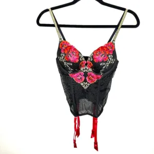 Victoria's Secret Black Push Up Corset Garter Slip Embroidered Floral Roses 34C