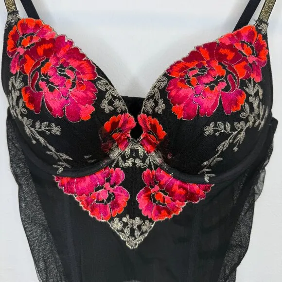 Victoria's Secret Black Push Up Corset Garter Slip Embroidered Floral Roses 34C