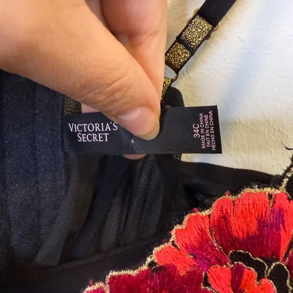 Victoria's Secret Black Push Up Corset Garter Slip Embroidered Floral Roses 34C