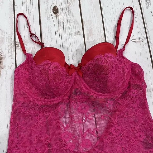Victorias Secret Lace Bra Garter Slip Dress 36C Y2K Red Pink Lingerie Chemise