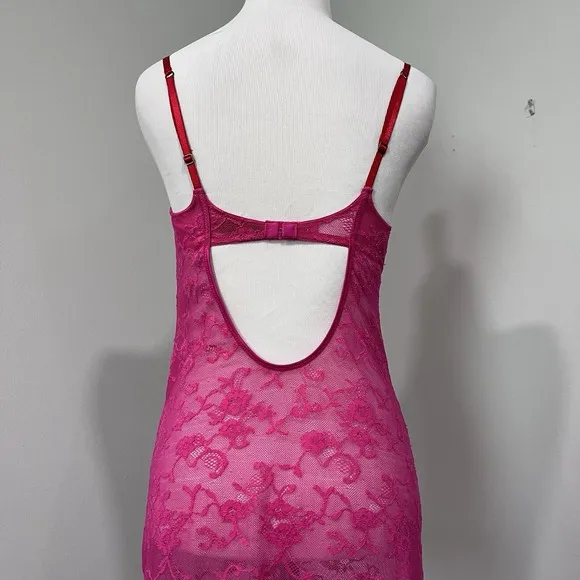 Victorias Secret Lace Bra Garter Slip Dress 36C Y2K Red Pink Lingerie Chemise