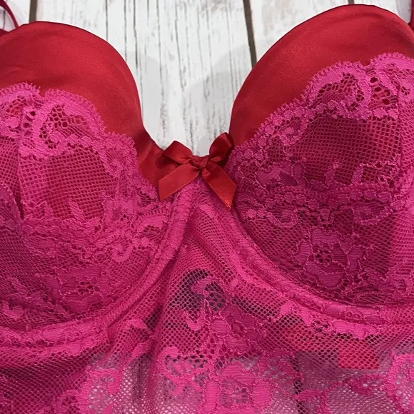 Victorias Secret Lace Bra Garter Slip Dress 36C Y2K Red Pink Lingerie Chemise