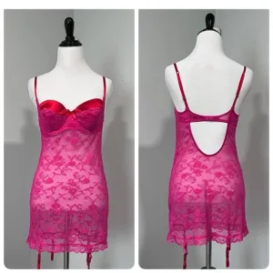Victorias Secret Lace Bra Garter Slip Dress 36C Y2K Red Pink Lingerie Chemise