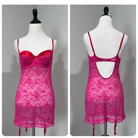 Victorias Secret Lace Bra Garter Slip Dress 36C Y2K Red Pink Lingerie Chemise
