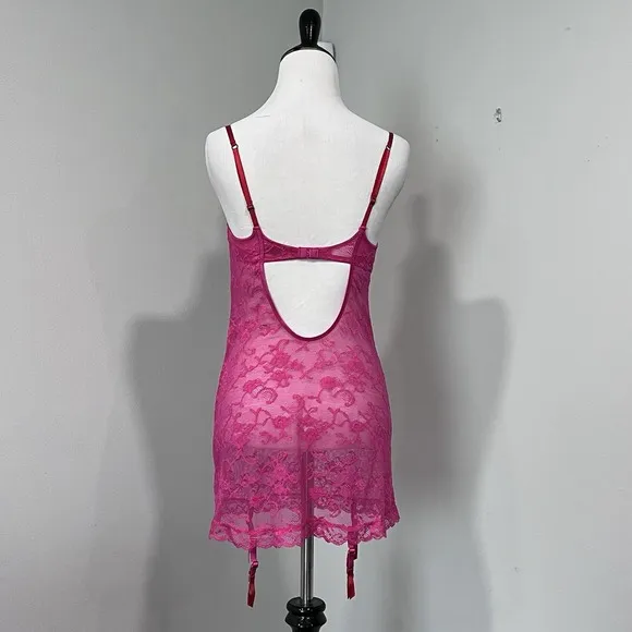 Victorias Secret Lace Bra Garter Slip Dress 36C Y2K Red Pink Lingerie Chemise