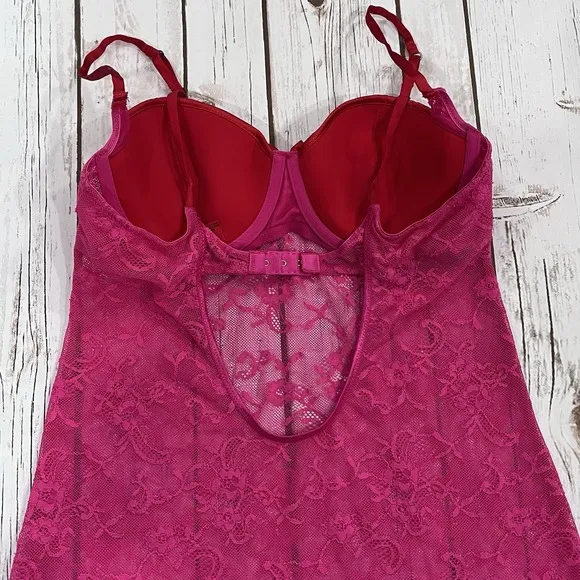 Victorias Secret Lace Bra Garter Slip Dress 36C Y2K Red Pink Lingerie Chemise