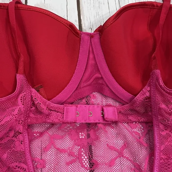 Victorias Secret Lace Bra Garter Slip Dress 36C Y2K Red Pink Lingerie Chemise