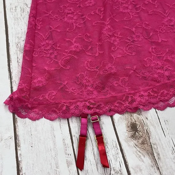 Victorias Secret Lace Bra Garter Slip Dress 36C Y2K Red Pink Lingerie Chemise