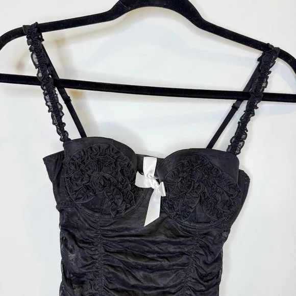 Victoria’s Secret Sexy Little Things Chemise Black Ruffles Ruched Lace Size 34B