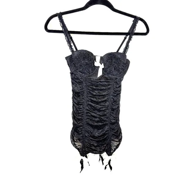 Victoria’s Secret Sexy Little Things Chemise Black Ruffles Ruched Lace Size 34B