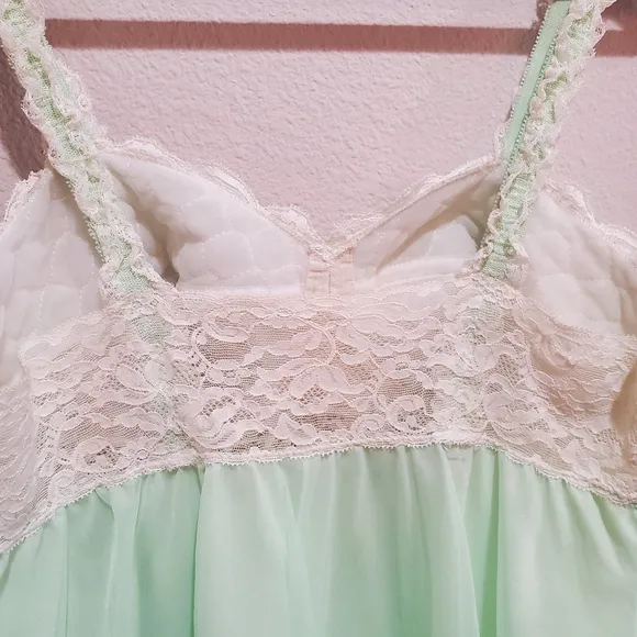 Vintage Mint Green Slip Nightgown Negligee 50's/60's Sheer Overlay