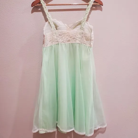 Vintage Mint Green Slip Nightgown Negligee 50's/60's Sheer Overlay