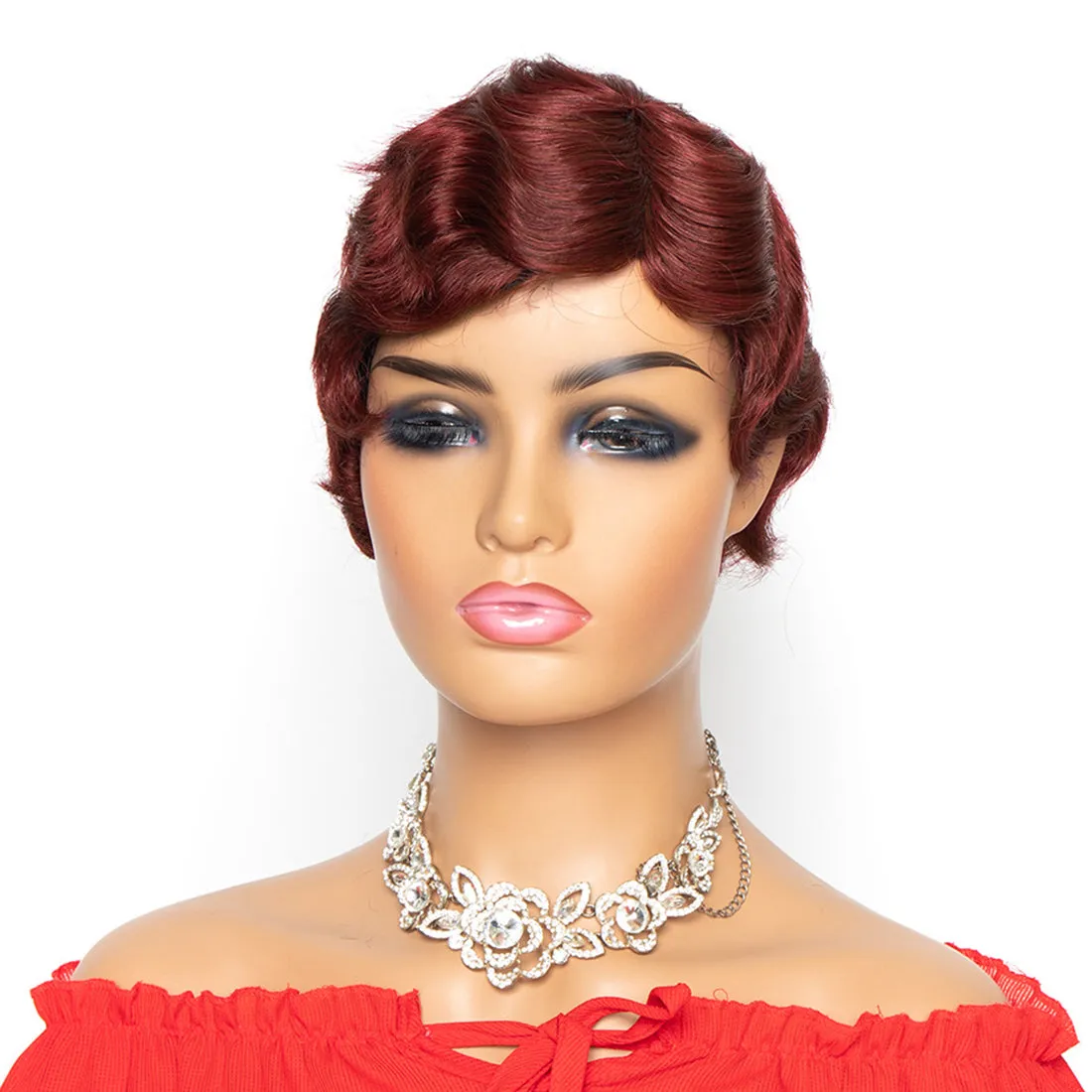 Viviabella Finger Wave Wig Human Hair wig Short Finger Wavy Wig Curly Black Cute Nuna Wig for black women Real Retro African Black Wigs for Women Mommy Wigs Curly Short Wig