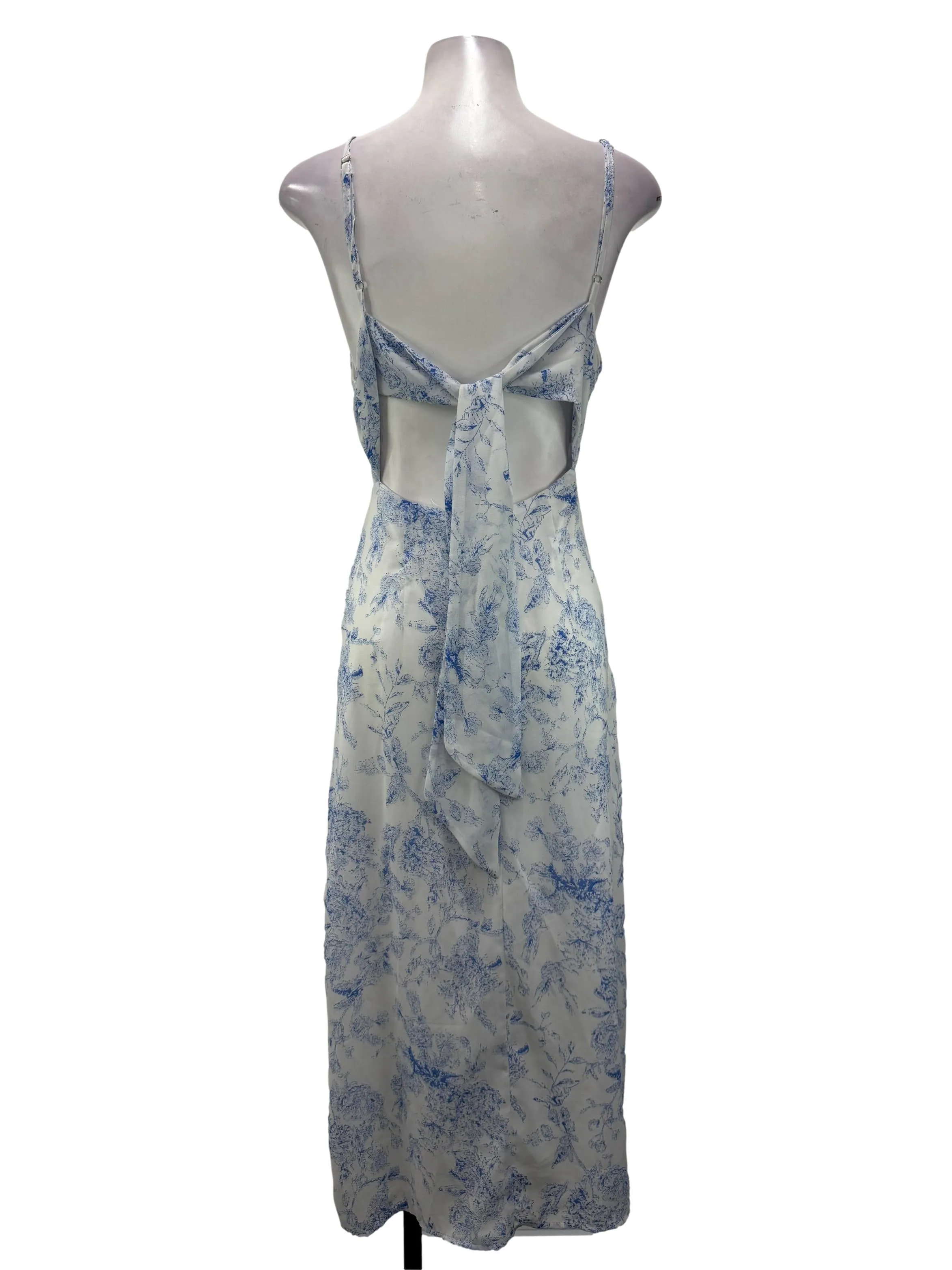 White And Blue Floral Print Midi Slip Dress With Back Tie