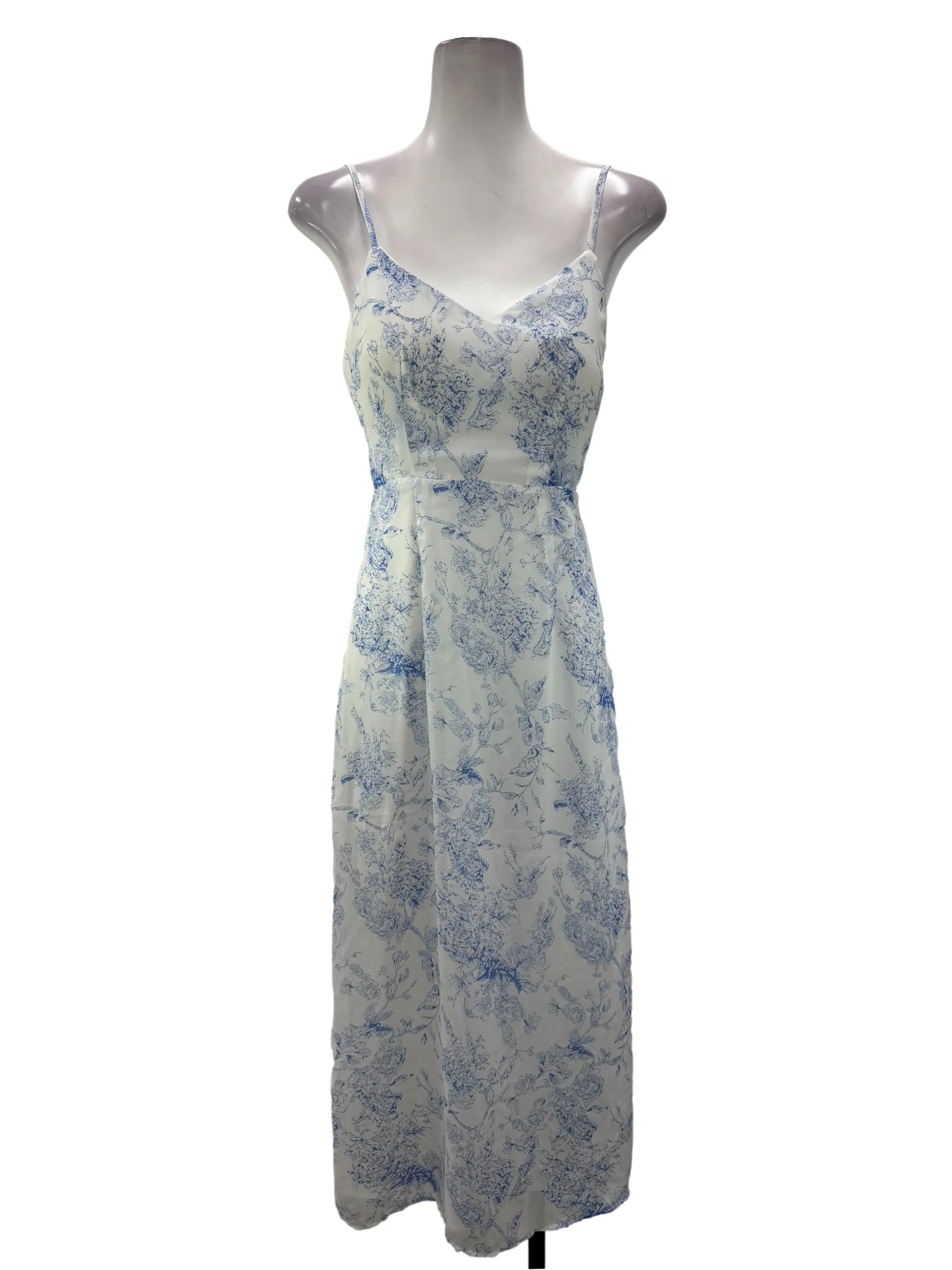 White And Blue Floral Print Midi Slip Dress With Back Tie