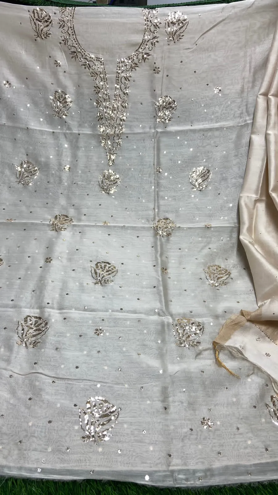 White Chanderi Chikankari Silk Kurti And Dupatta