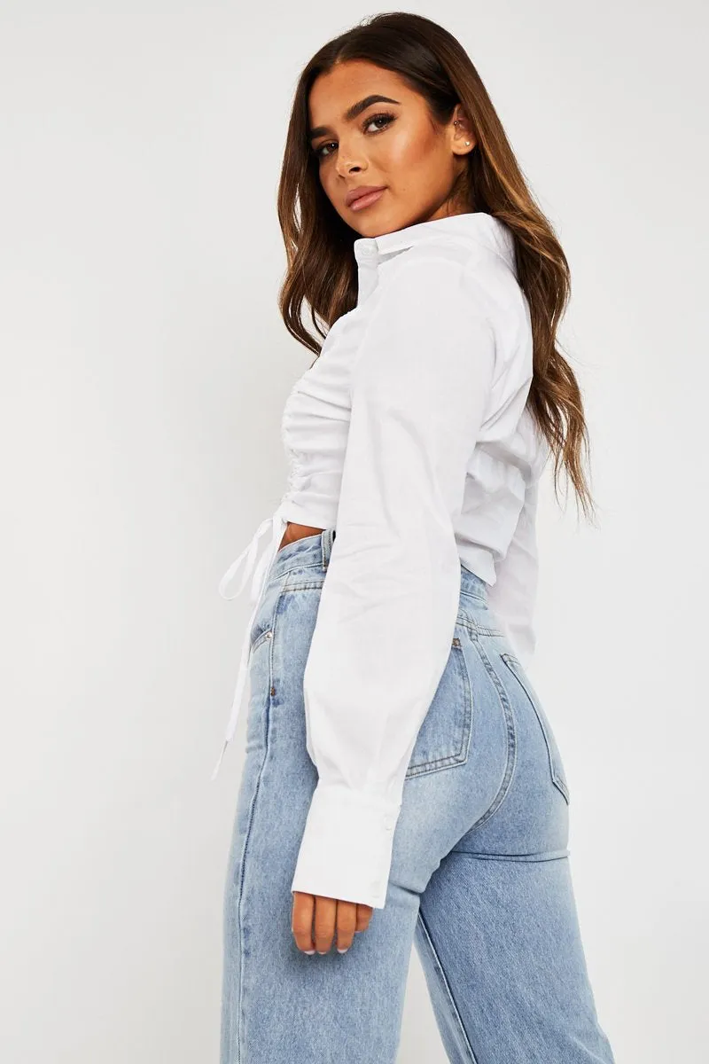 White Ruched Middle Cropped Shirt - Brogann