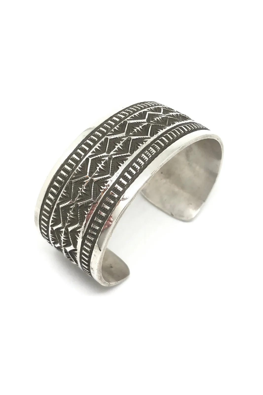Wide Navajo Stamped Sterling Silver Cuff by Leonard Maloney