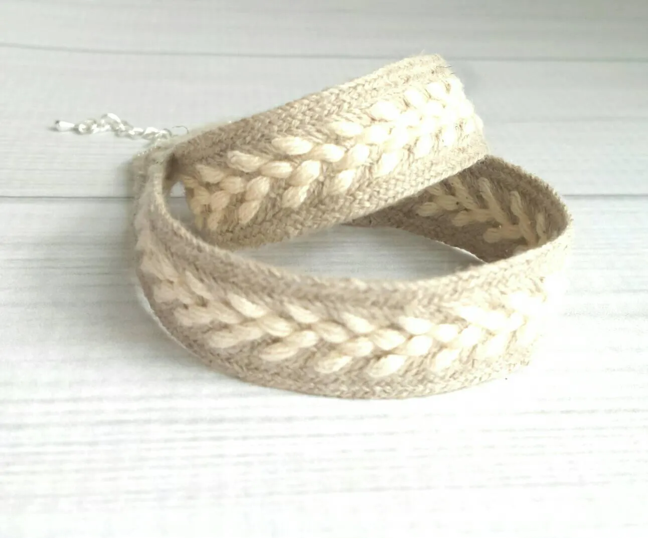 Wide Wrap Bracelet, braided bracelet, double wrap, winter bracelet, fall bracelet, oatmeal beige cream white, sweater bracelet, silver adjustable, arrow bracelet, knit style