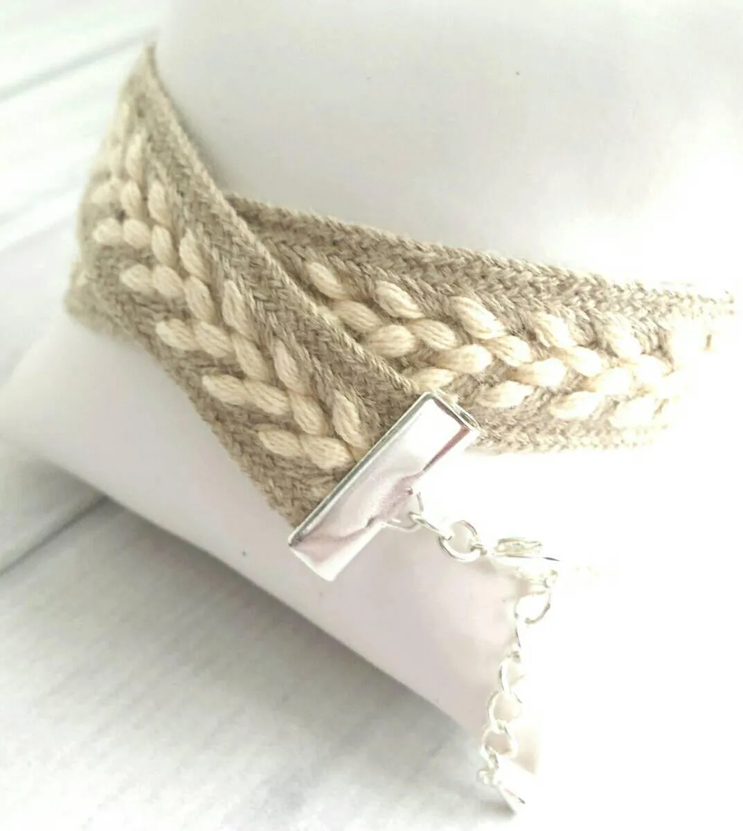 Wide Wrap Bracelet, braided bracelet, double wrap, winter bracelet, fall bracelet, oatmeal beige cream white, sweater bracelet, silver adjustable, arrow bracelet, knit style