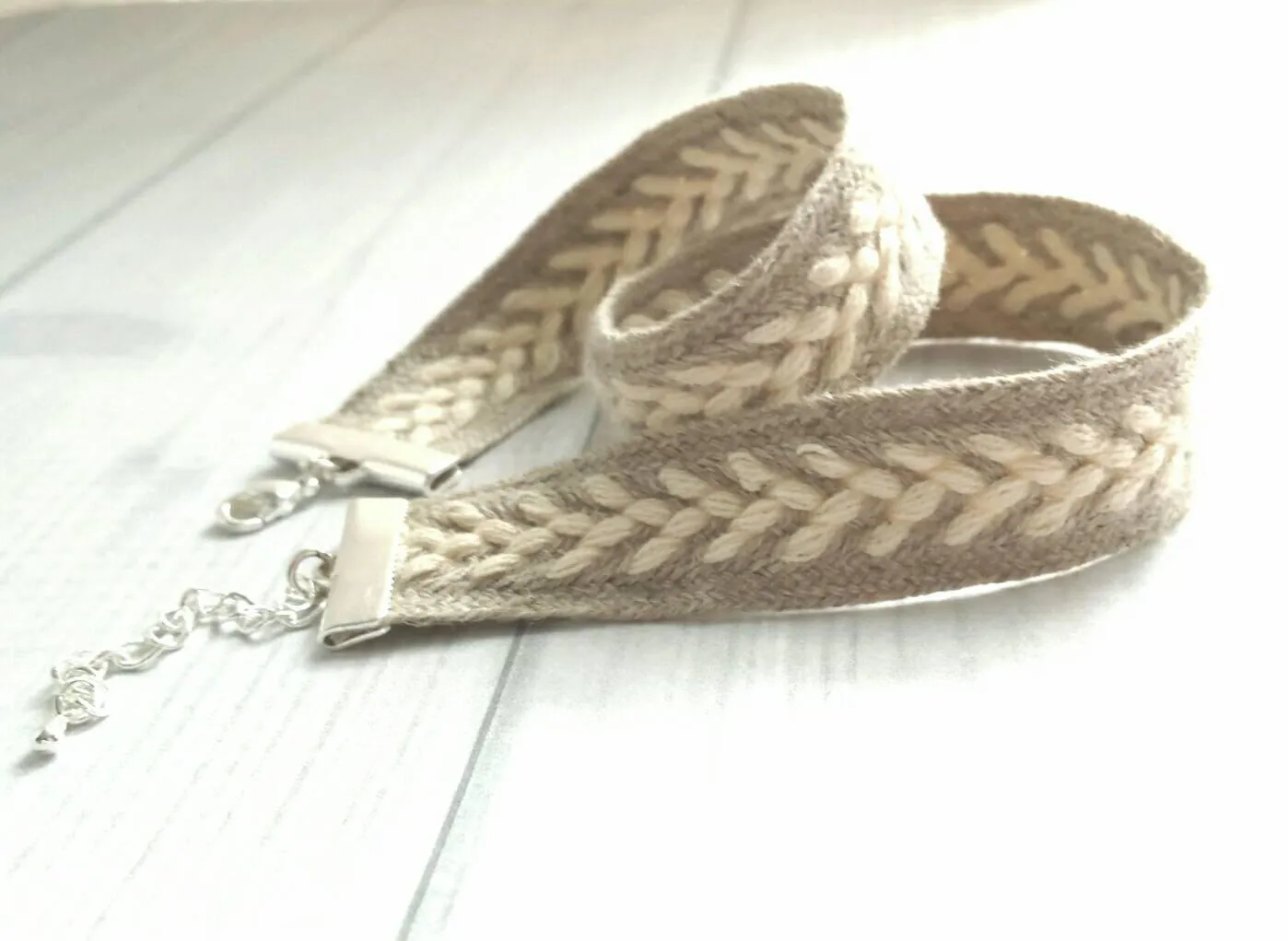 Wide Wrap Bracelet, braided bracelet, double wrap, winter bracelet, fall bracelet, oatmeal beige cream white, sweater bracelet, silver adjustable, arrow bracelet, knit style