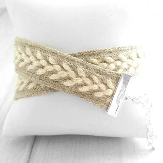 Wide Wrap Bracelet, braided bracelet, double wrap, winter bracelet, fall bracelet, oatmeal beige cream white, sweater bracelet, silver adjustable, arrow bracelet, knit style