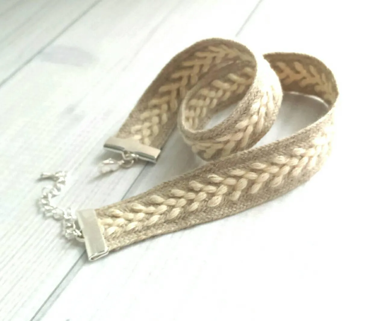 Wide Wrap Bracelet, braided bracelet, double wrap, winter bracelet, fall bracelet, oatmeal beige cream white, sweater bracelet, silver adjustable, arrow bracelet, knit style