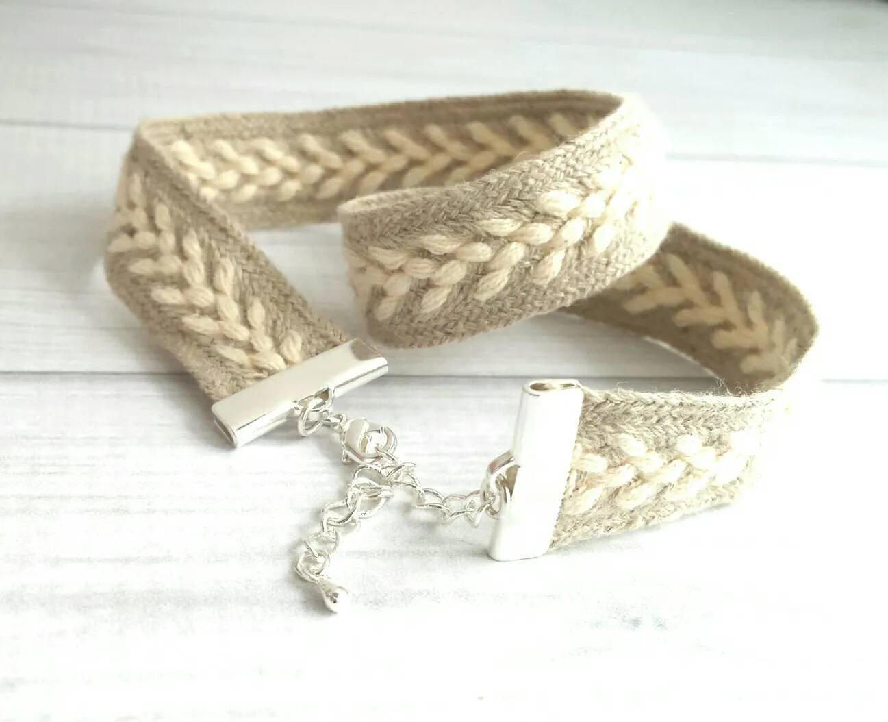Wide Wrap Bracelet, braided bracelet, double wrap, winter bracelet, fall bracelet, oatmeal beige cream white, sweater bracelet, silver adjustable, arrow bracelet, knit style