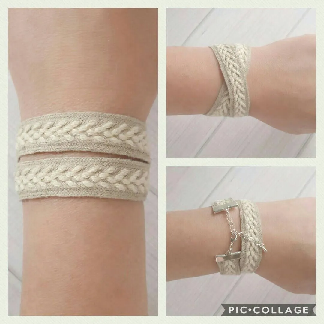 Wide Wrap Bracelet, braided bracelet, double wrap, winter bracelet, fall bracelet, oatmeal beige cream white, sweater bracelet, silver adjustable, arrow bracelet, knit style