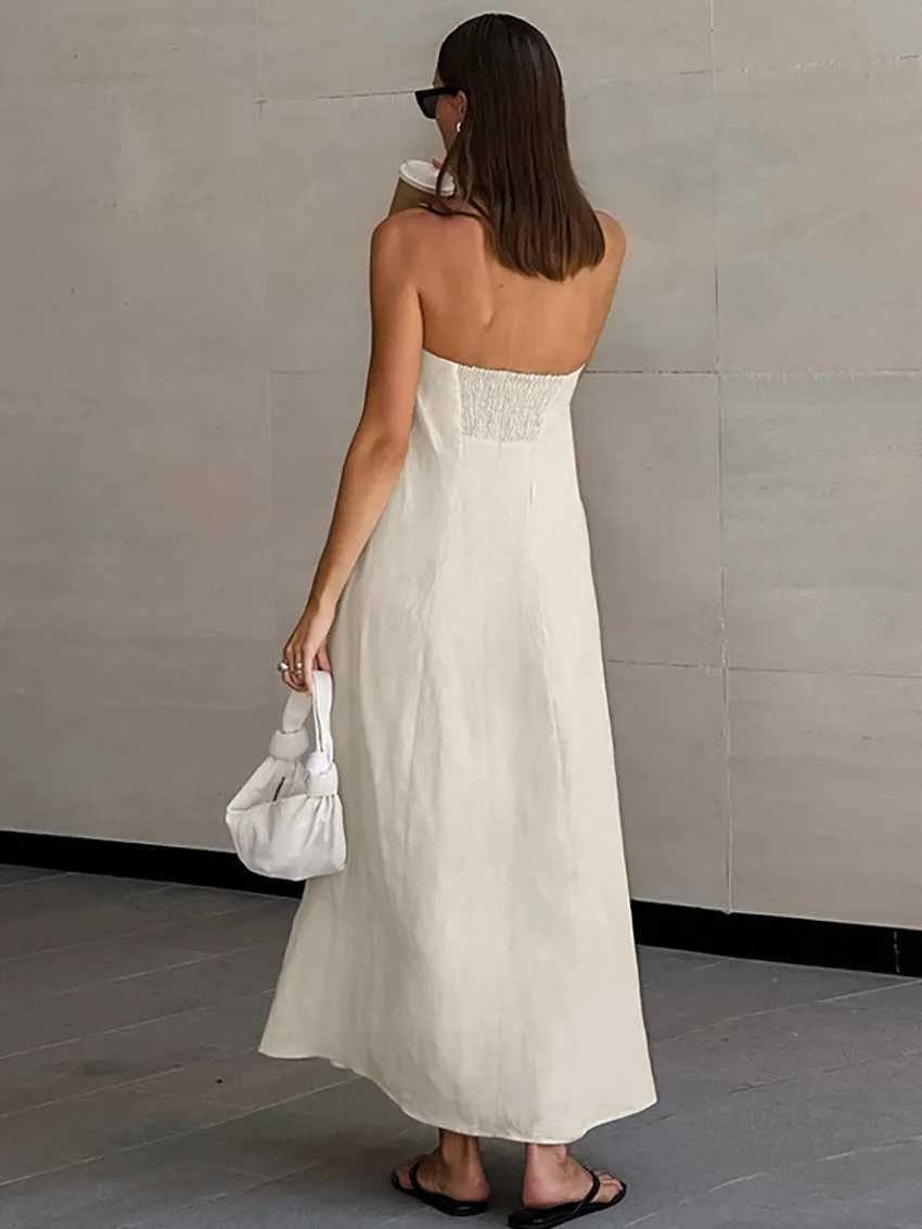 with Pocket Summer Strapless High Waist Casual Solid Dresses