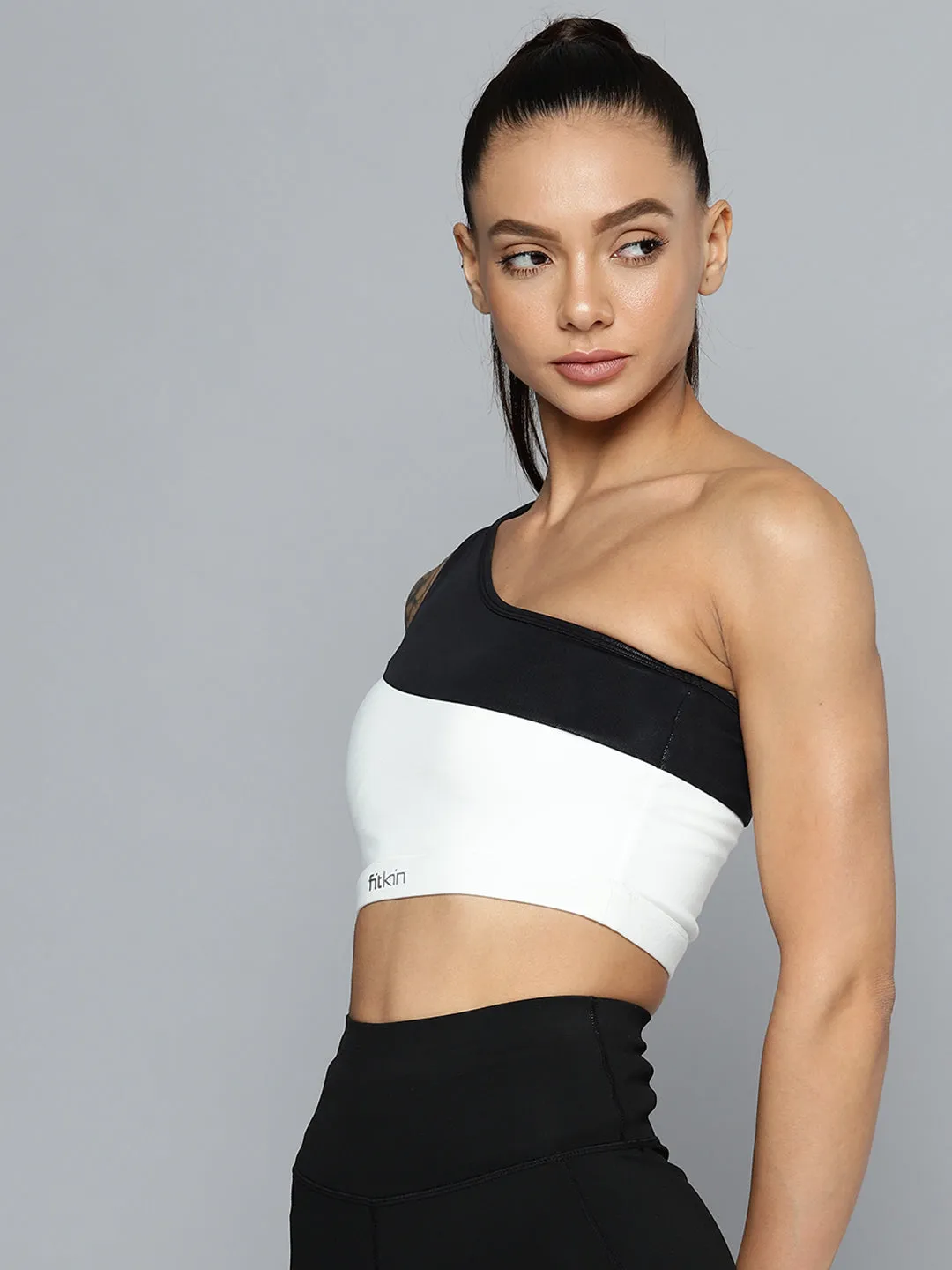 Women Black & White One shoulder Colourblocked Bra