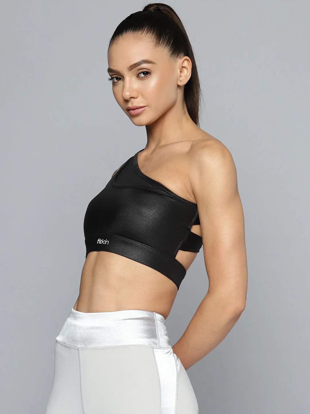 Women Black One Shoulder Sports Bra