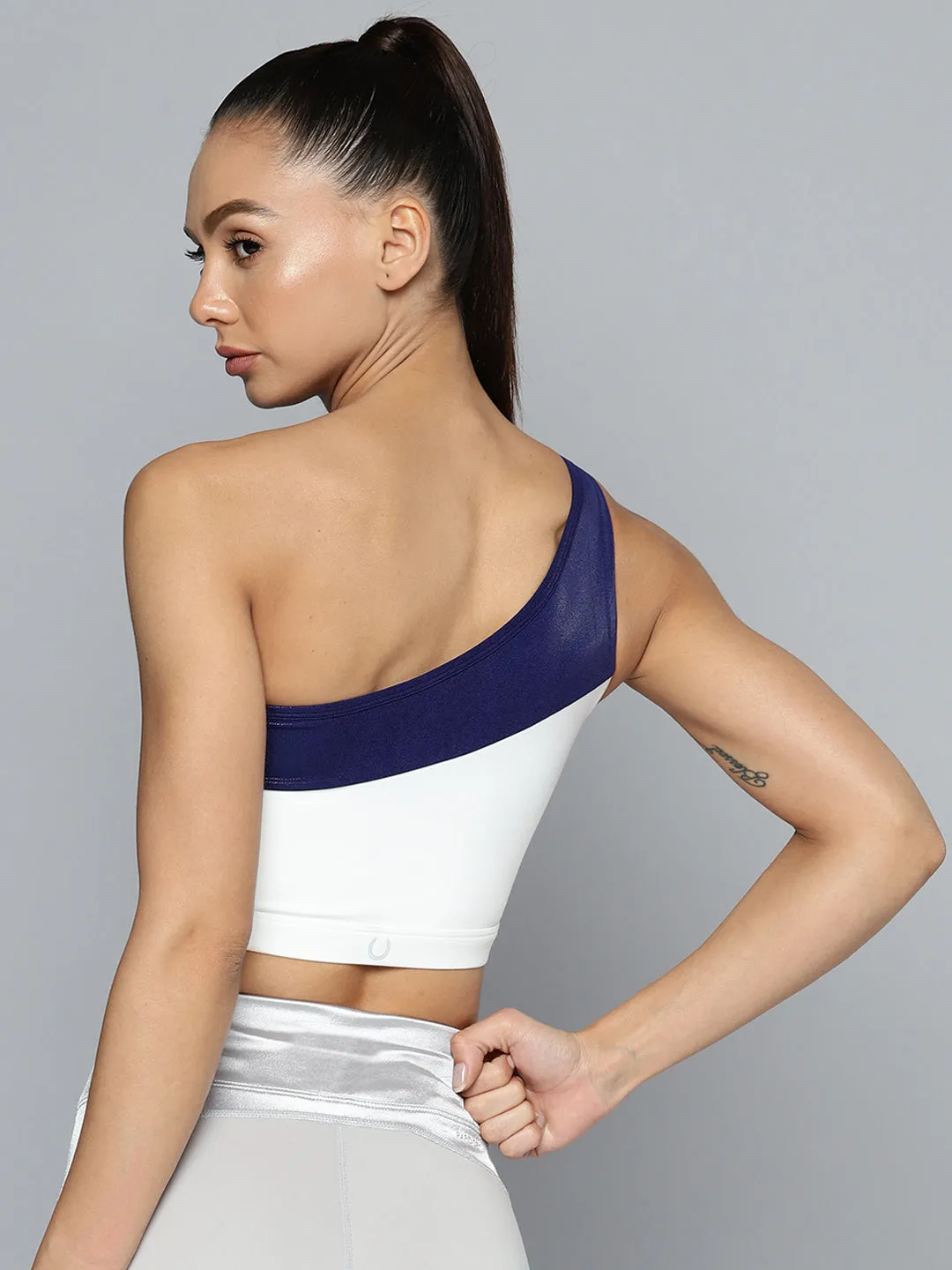 Women Blue & White Colourblocked One shoulder Running Workout