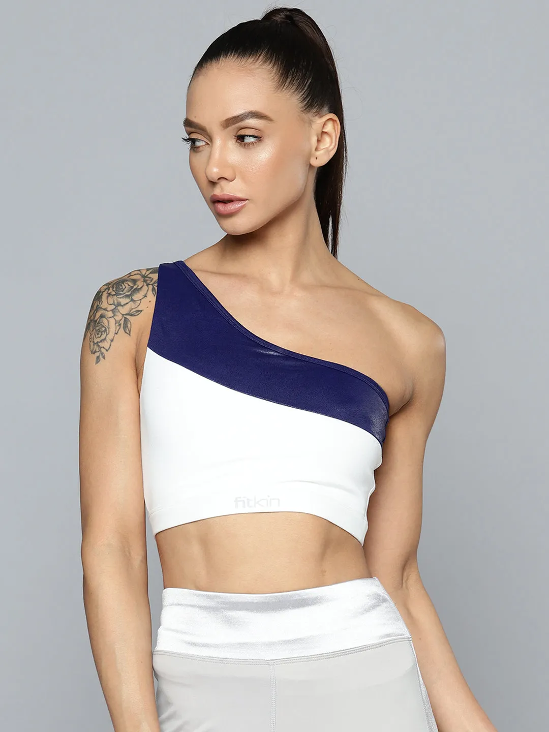 Women Blue & White Colourblocked One shoulder Running Workout