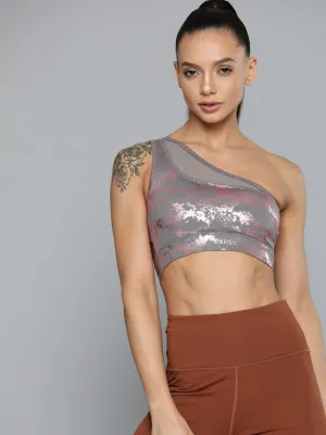 Women Grey & Pink Abstract Printed One Shoulder Sports Bra