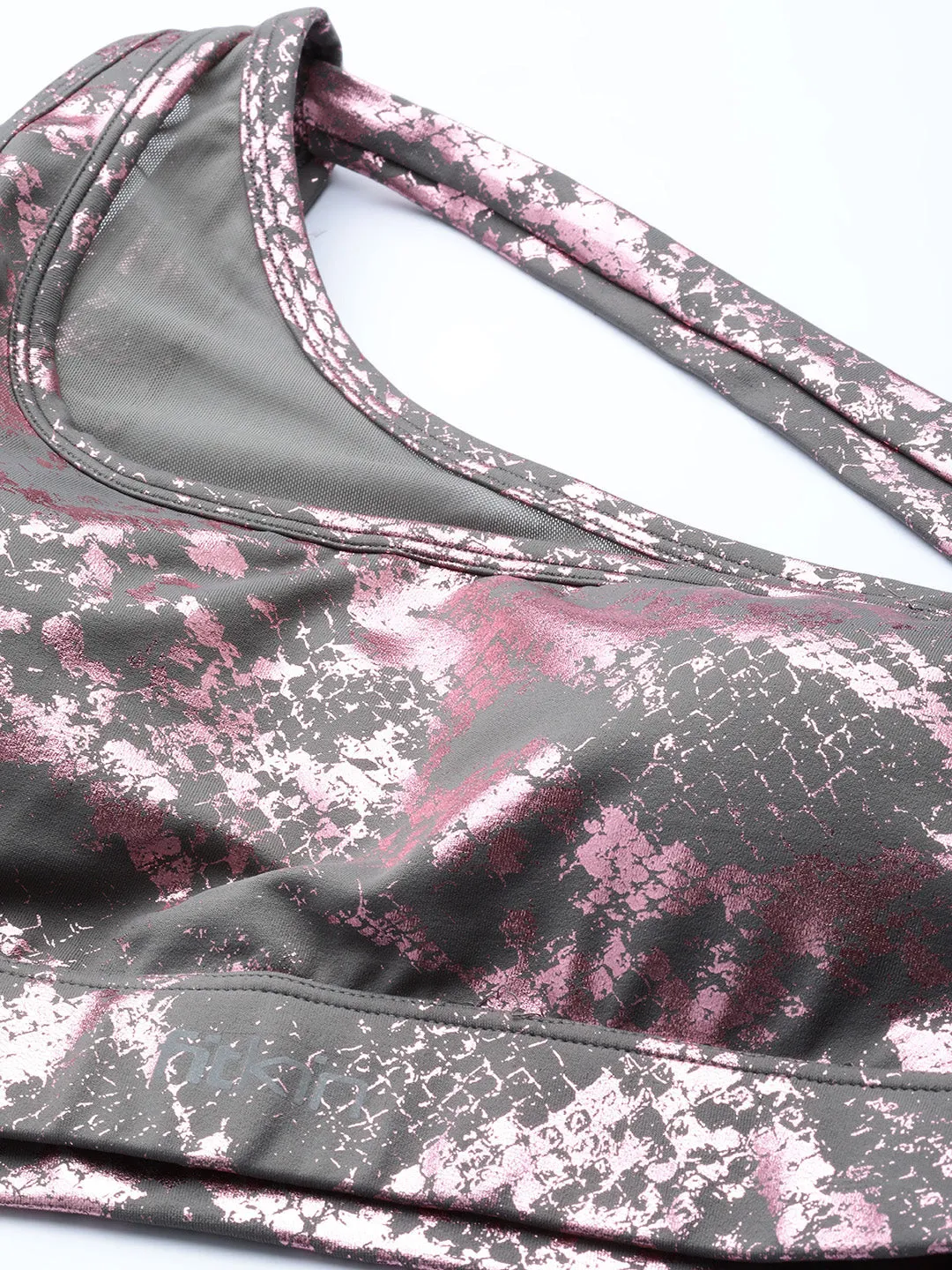 Women Grey & Pink Abstract Printed One Shoulder Sports Bra