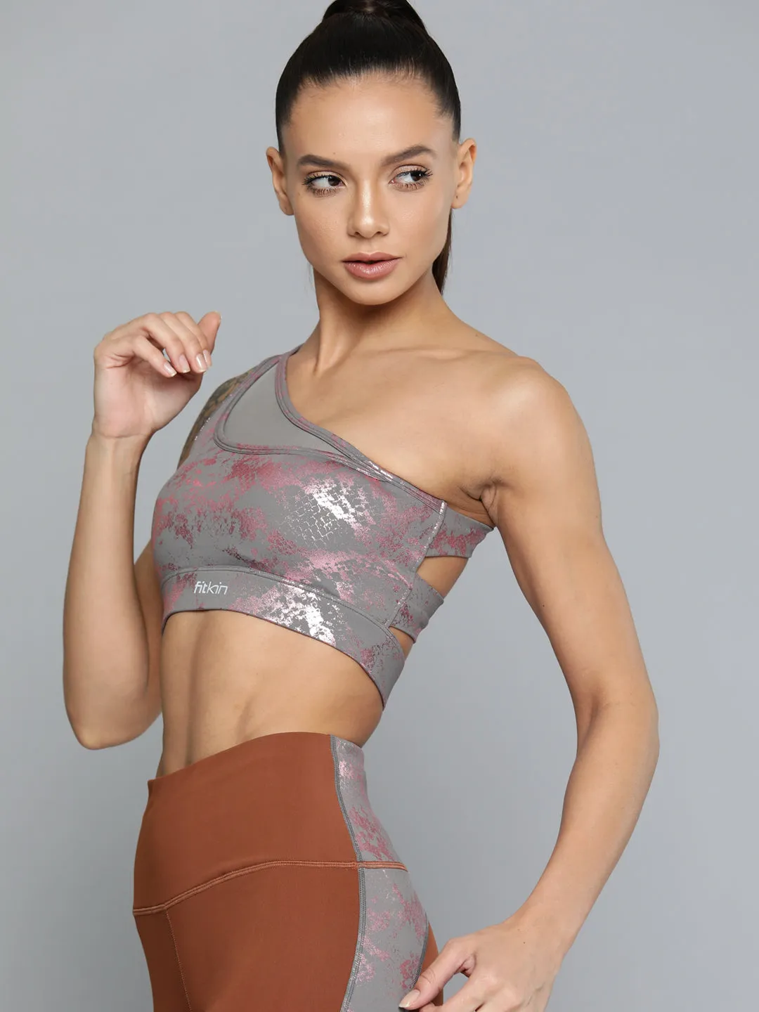 Women Grey & Pink Abstract Printed One Shoulder Sports Bra