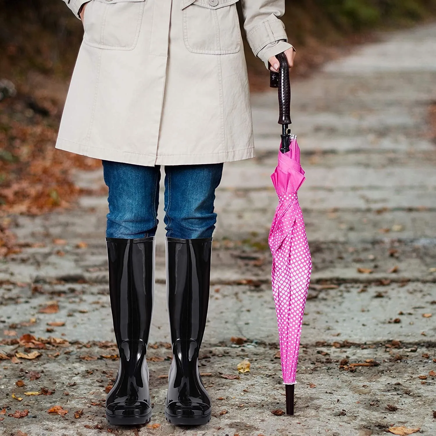 Women's Black Rubber Rain Boots 16" with Clear Sole