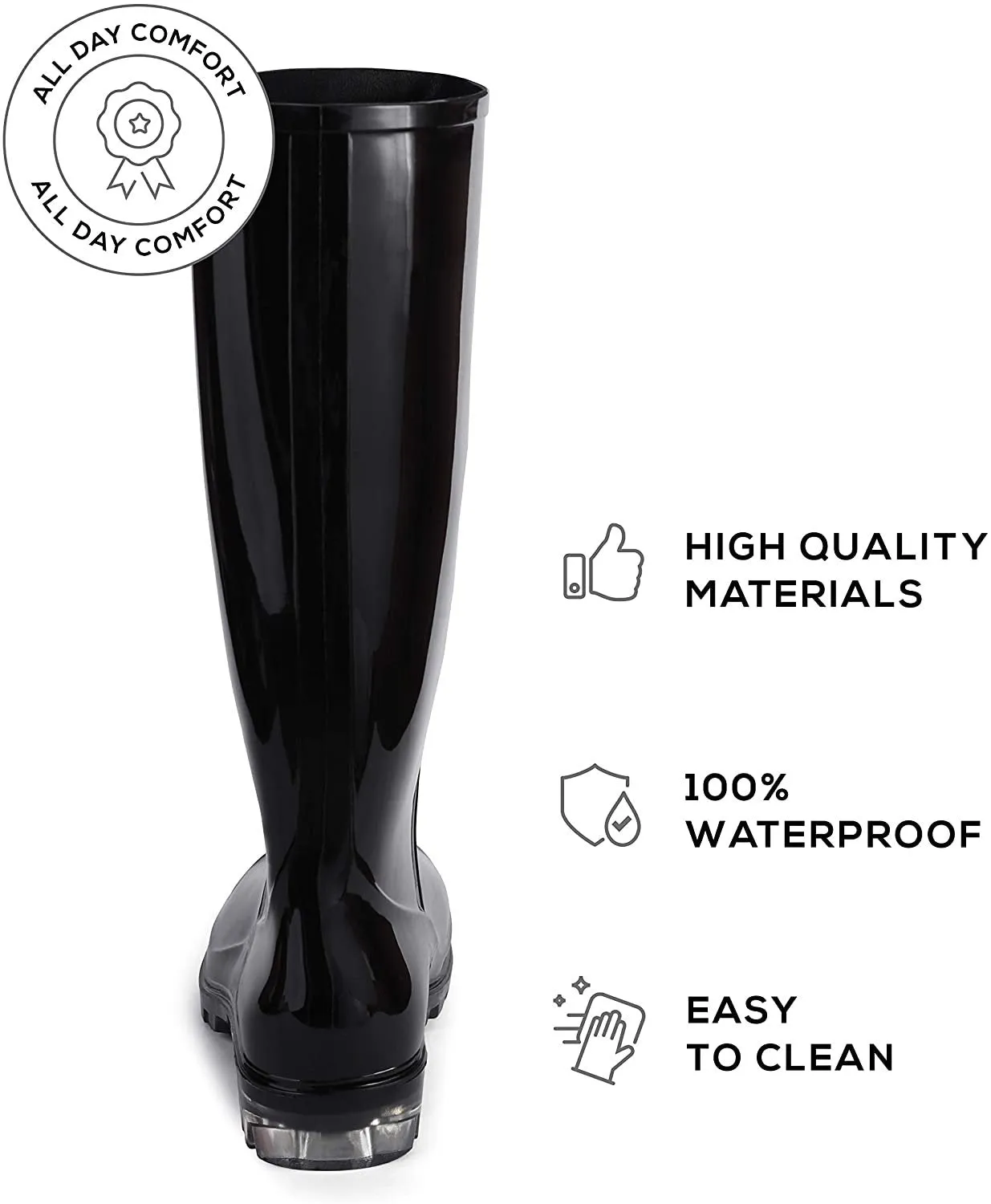 Women's Black Rubber Rain Boots 16" with Clear Sole