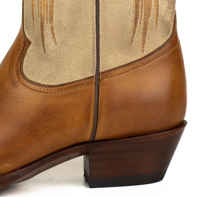 Women's Cowboy Boots in Brown Leather with Beige Suede Upper and Golden Wings 2666