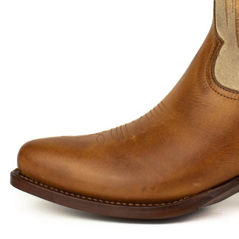 Women's Cowboy Boots in Brown Leather with Beige Suede Upper and Golden Wings 2666