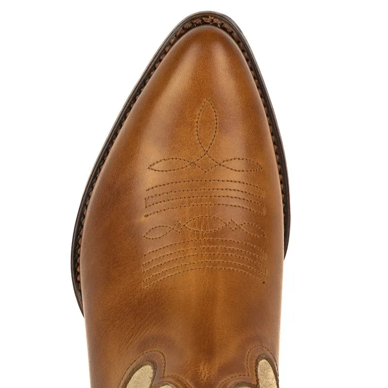 Women's Cowboy Boots in Brown Leather with Beige Suede Upper and Golden Wings 2666