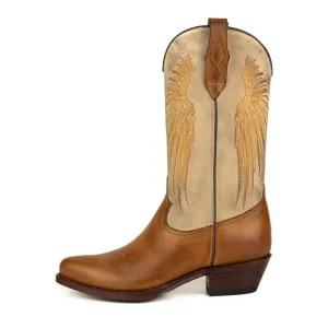 Women's Cowboy Boots in Brown Leather with Beige Suede Upper and Golden Wings 2666