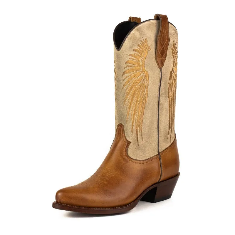 Women's Cowboy Boots in Brown Leather with Beige Suede Upper and Golden Wings 2666