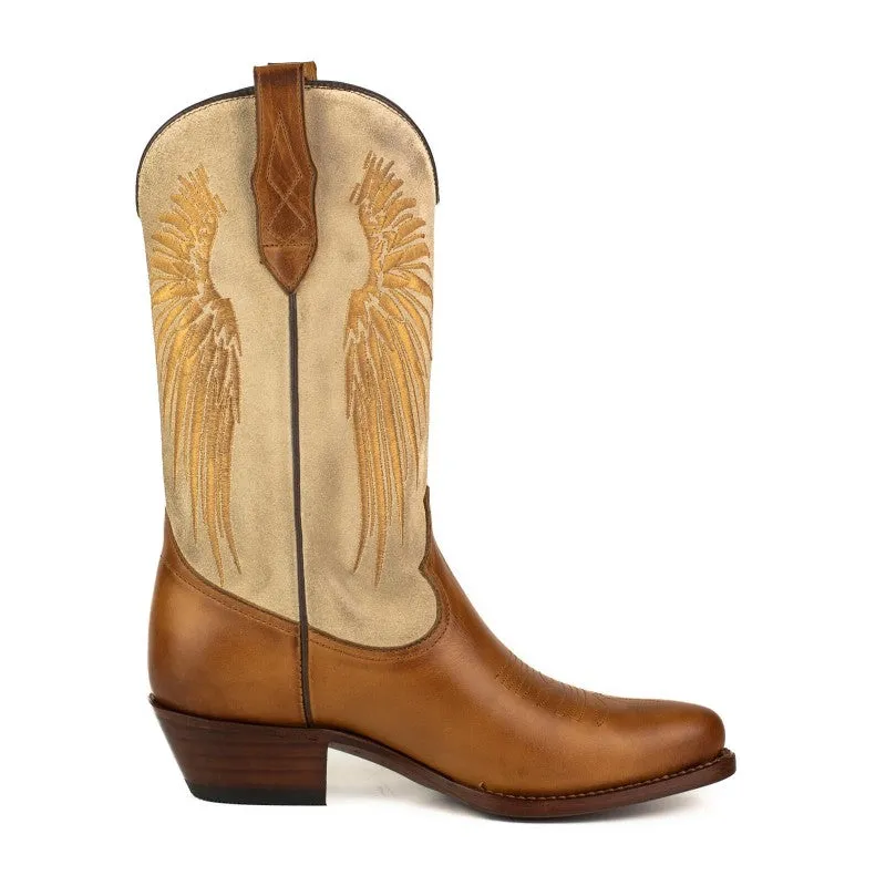 Women's Cowboy Boots in Brown Leather with Beige Suede Upper and Golden Wings 2666