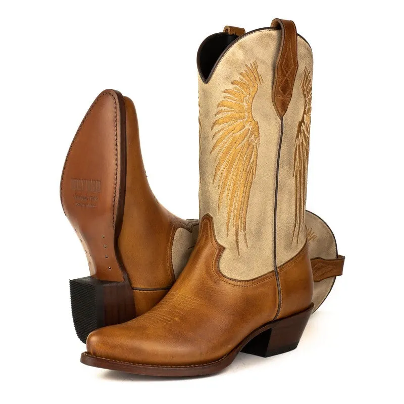 Women's Cowboy Boots in Brown Leather with Beige Suede Upper and Golden Wings 2666