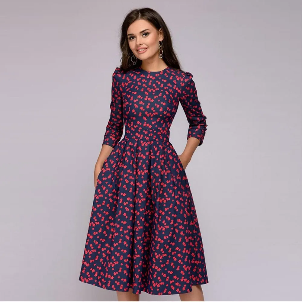 Women's Elegant Vintage Half Sleeve Floral Dress | Midi