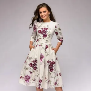 Women's Elegant Vintage Half Sleeve Floral Dress | Midi